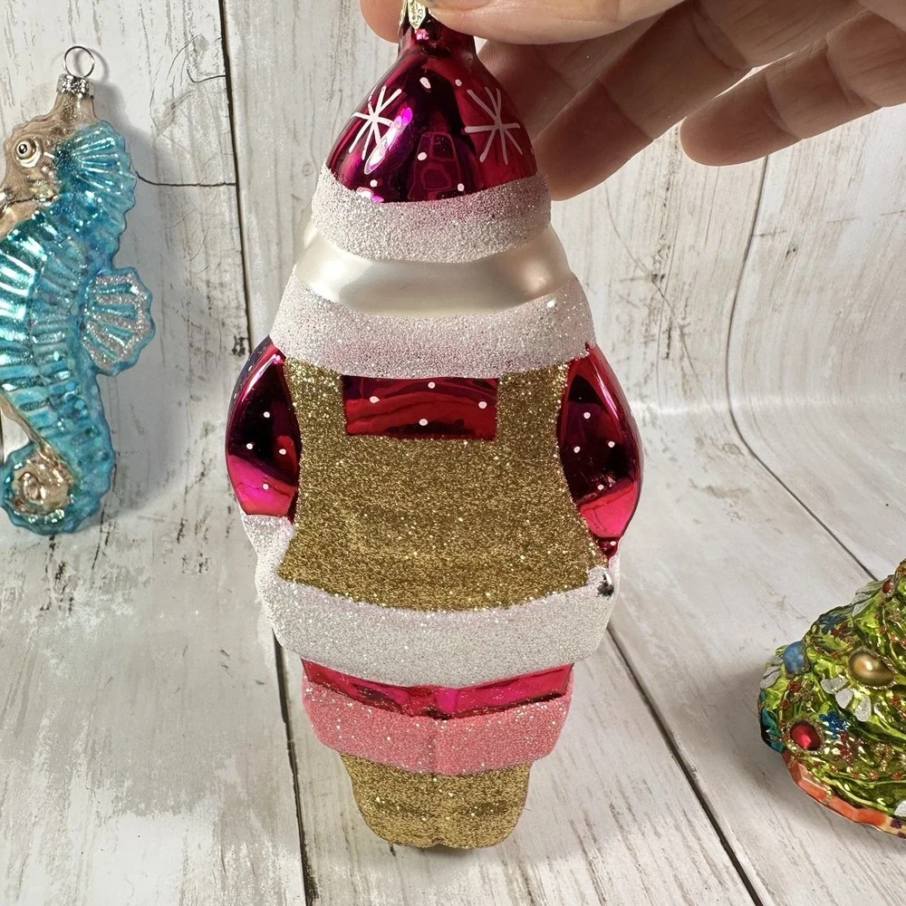 Christmas‎ Ornaments Lot Pink  Santa, Tree, Blue Seahorse, Large Indent Brown